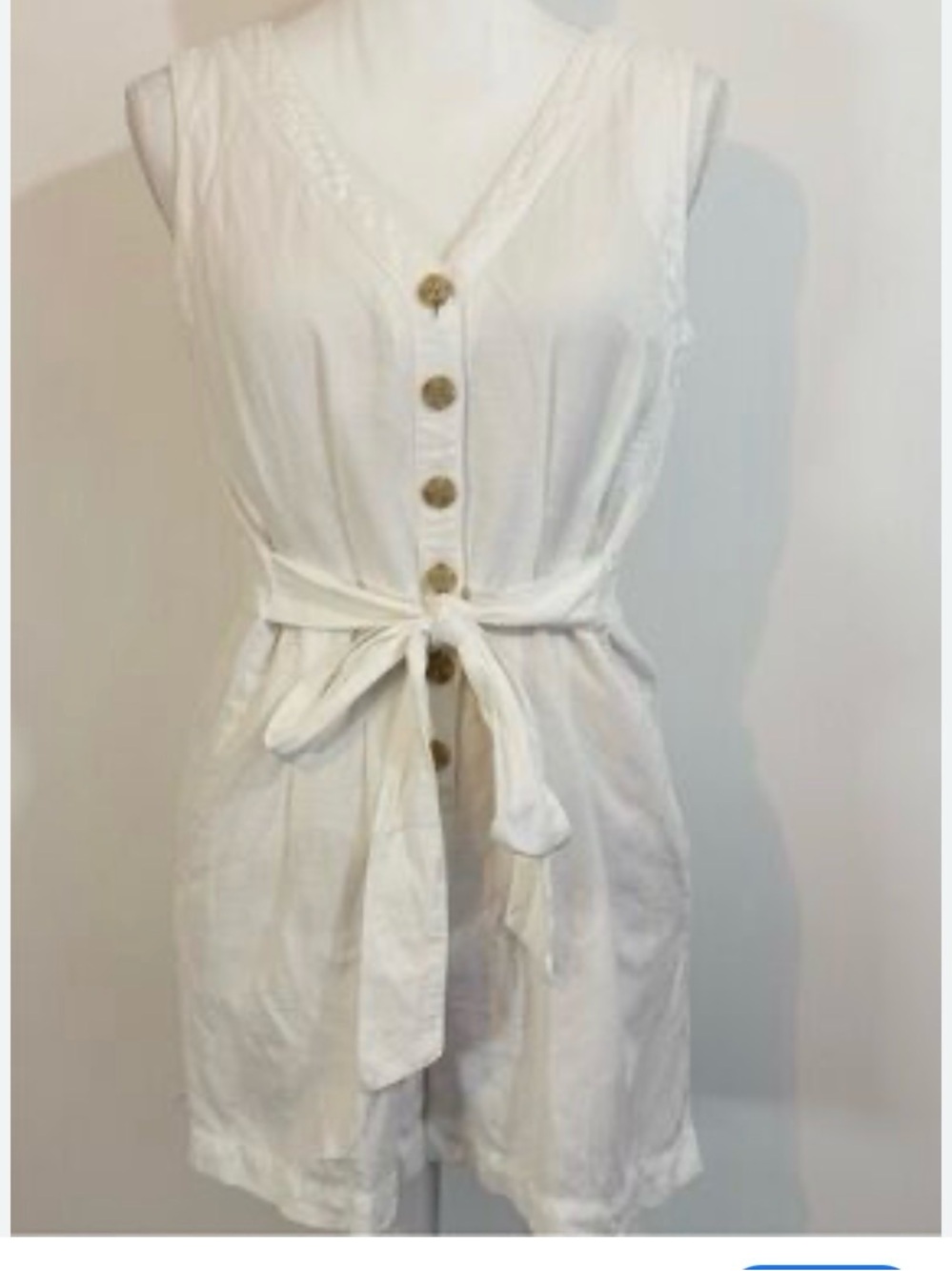 LOFT White V-Neck Sleeveless Linen Blend Romper with Tie Waist